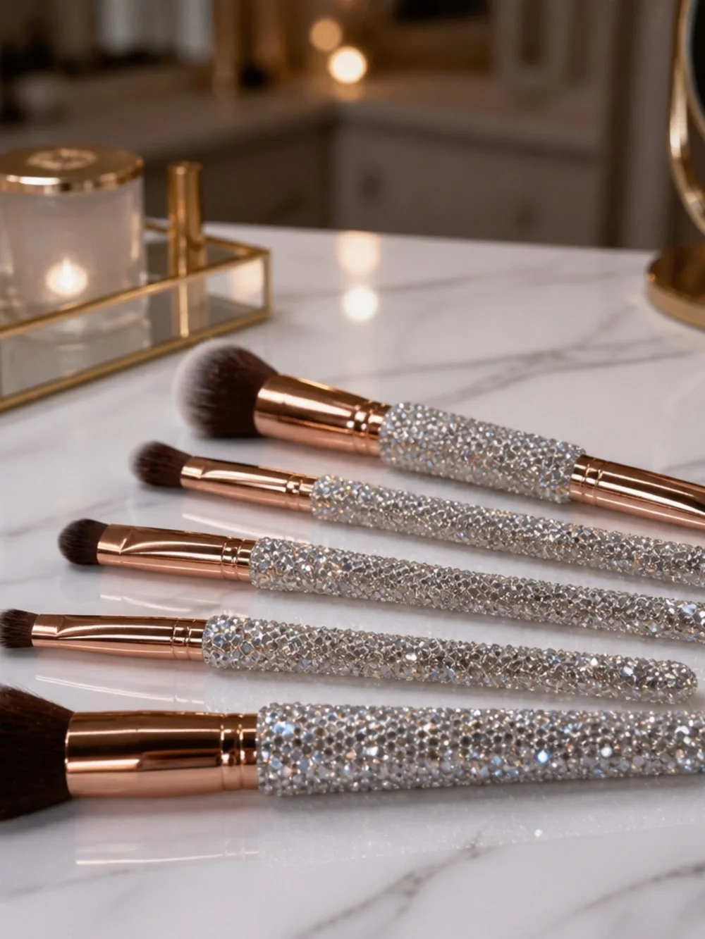 Crystal Handle Makeup Brush Set - Rose Gold Ferrules, Silver Sparkle Handles
